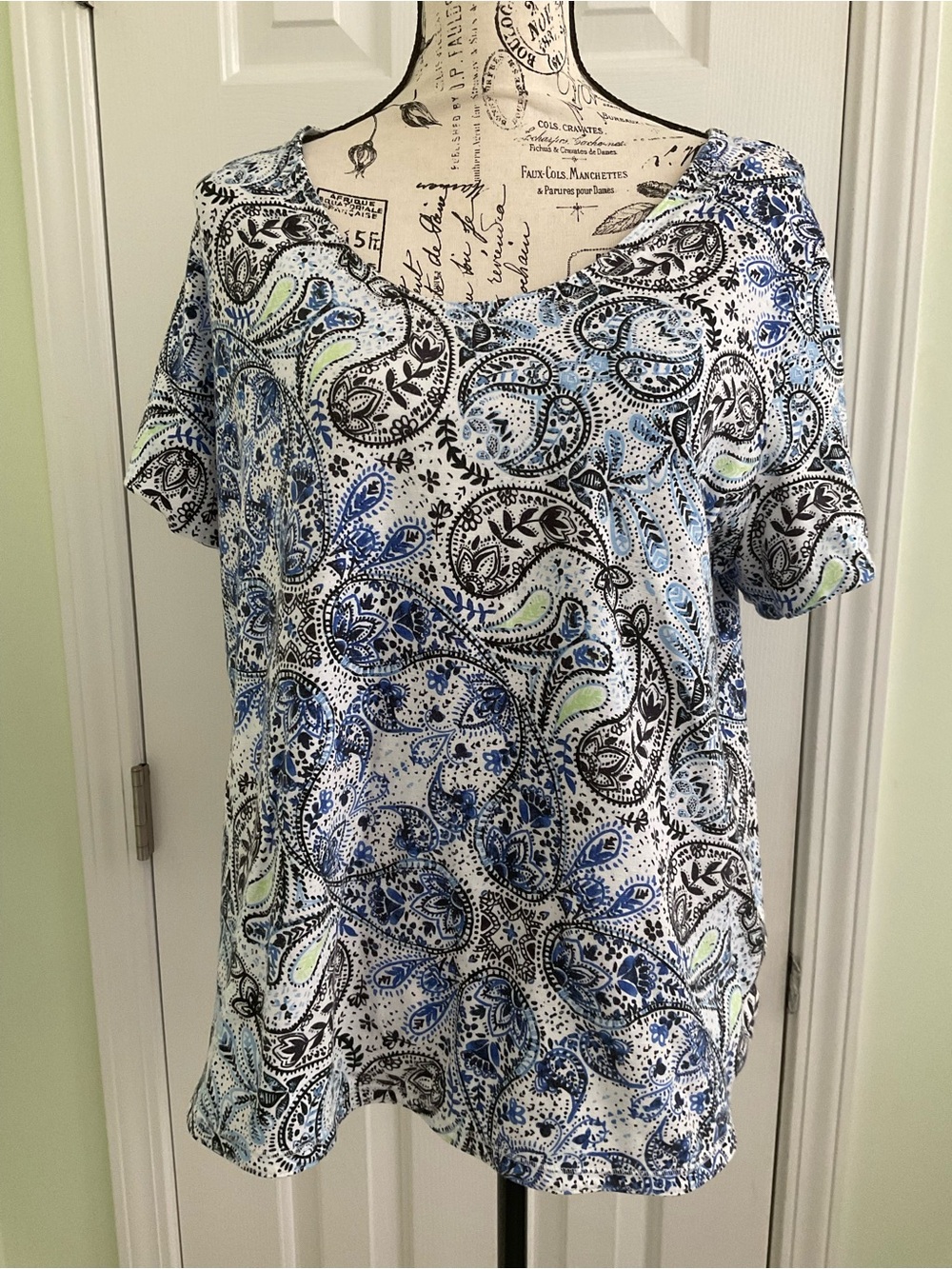 Talbots Blue and White Paisley V-Neck Short Sleeve Top